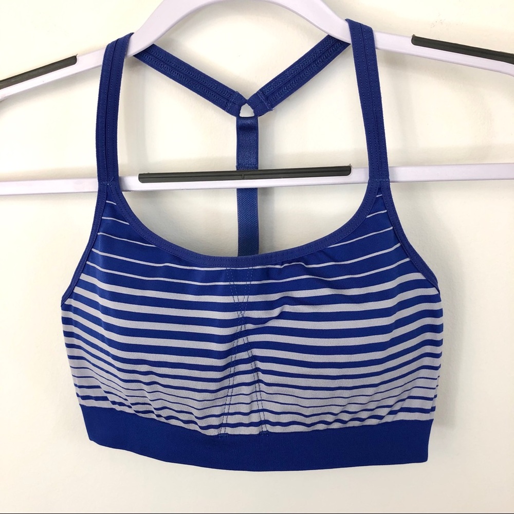 Athleta blue and gray striped up tempo sports bra
